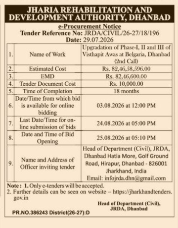 Jharia Rehabilitation and Development Authority e-Procurement Notice (Tender Ref No: JRDA/CIVIL/26-27/18/196)