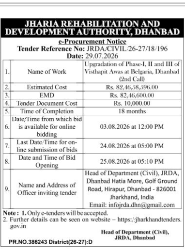 Jharia Rehabilitation and Development Authority (JRDA) e-Procurement Notice for Upgradation of Visthapit Awas at Belgaria, Dhanbad