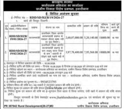 Jharkhand Government Rural Development Department E-Tender Notice.