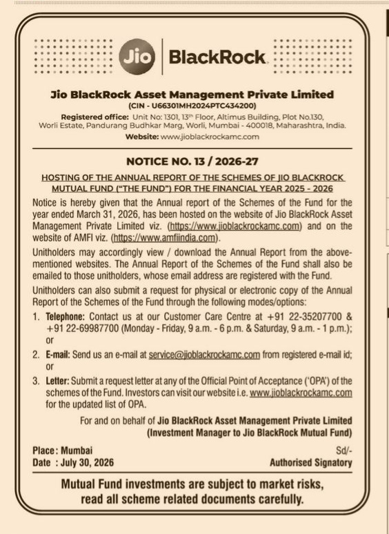 Jio BlackRock Mutual Fund Notice: Hosting of Annual Report FY 2025-2026