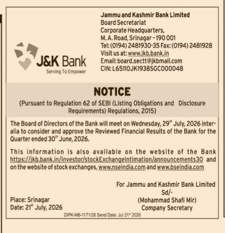 J&K Bank Board Meeting Notice (July 2026)