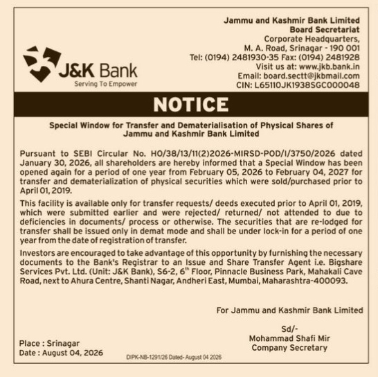 J&K Bank Notice: Special Window for Transfer and Dematerialisation of Physical Shares (2026–2027)