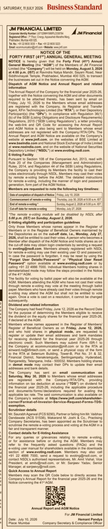 JM FINNACIAL NOTICE OF ANNUAL GENERAL MEETING