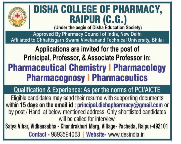Job Advertisement for Faculty Positions at Disha College of Pharmacy