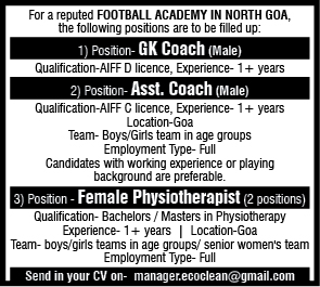 Job Advertisement for Football Academy in North Goa