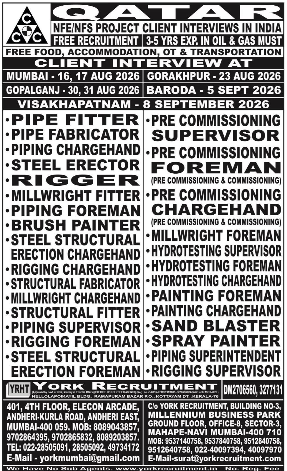 Job Advertisement for York Recruitment (Qatar NFE/NFS Project)