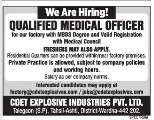 Job Advertisement: Qualified Medical Officer Recruitment at CDET Explosive Industries