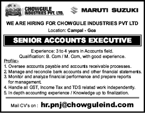 Job Advertisement: Senior Accounts Executive at Chowgule Industries