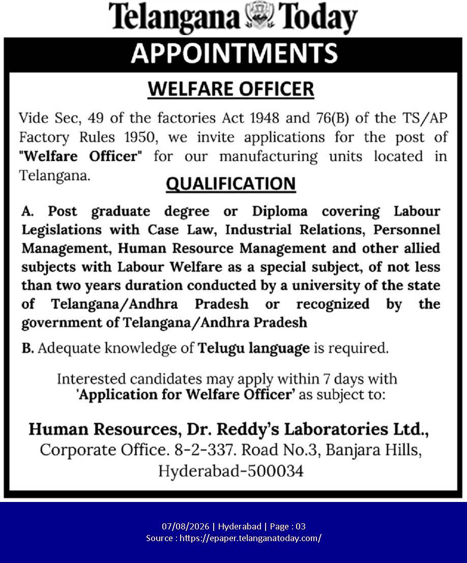 Job Advertisement: Welfare Officer Recruitment at Dr. Reddy’s Laboratories