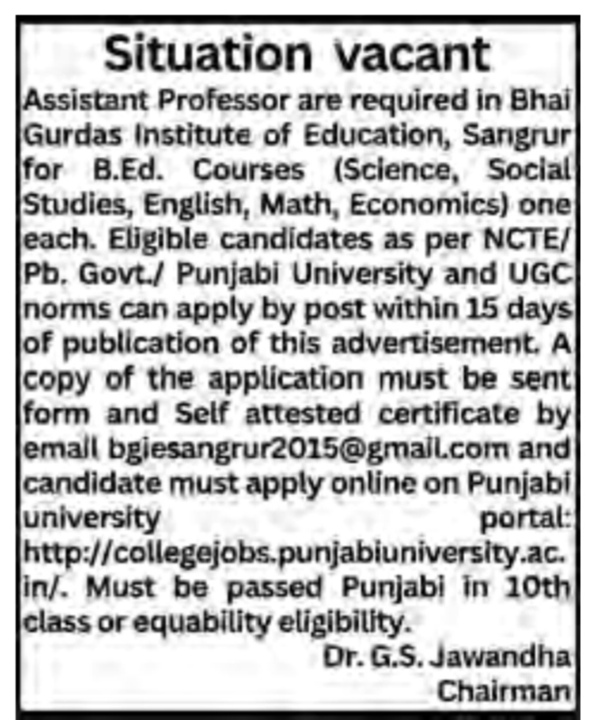 Job Notification for Assistant Professor Roles at Bhai Gurdas Institute of Education