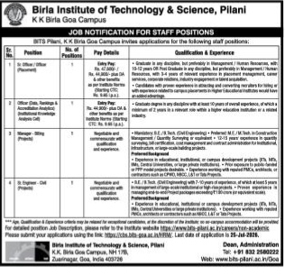 Job Notification for Staff Positions – BITS Pilani (Goa Campus)