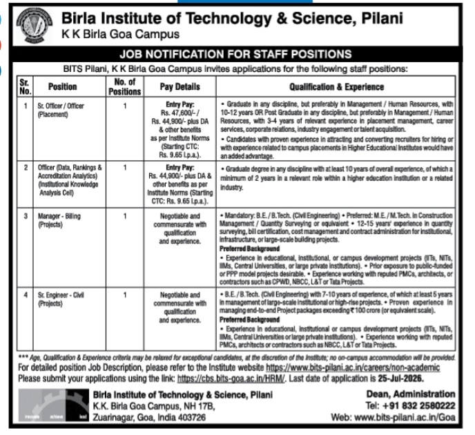 JOB NOTIFICATION FOR STAFF POSITIONS - BITS Pilani, K K Birla Goa Campus