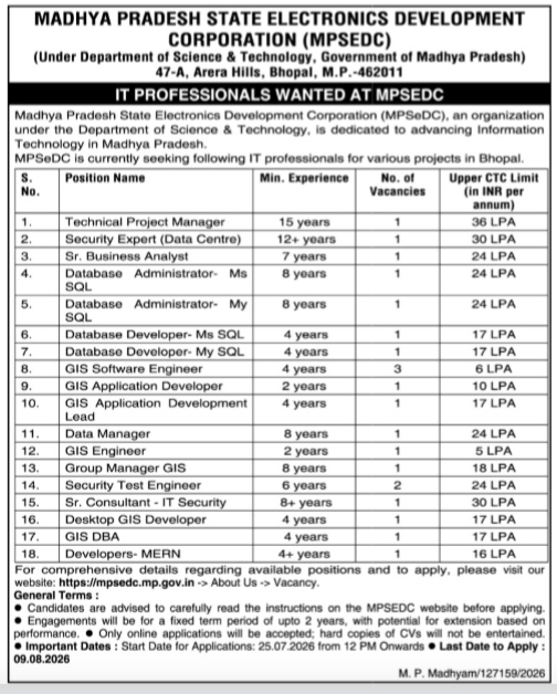 Job Notification: Madhya Pradesh State Electronics Development Corporation