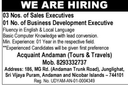 Job Openings at Acquaint Andaman (Tours & Travels)