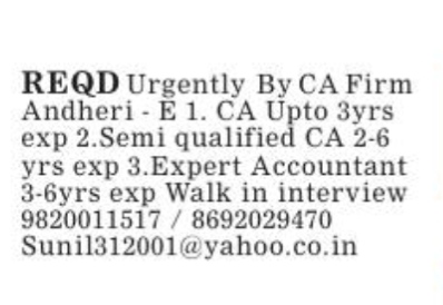 Job Openings at CA Firm in Andheri East