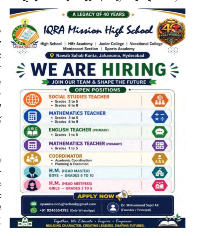 Job Openings at IQRA Mission High School