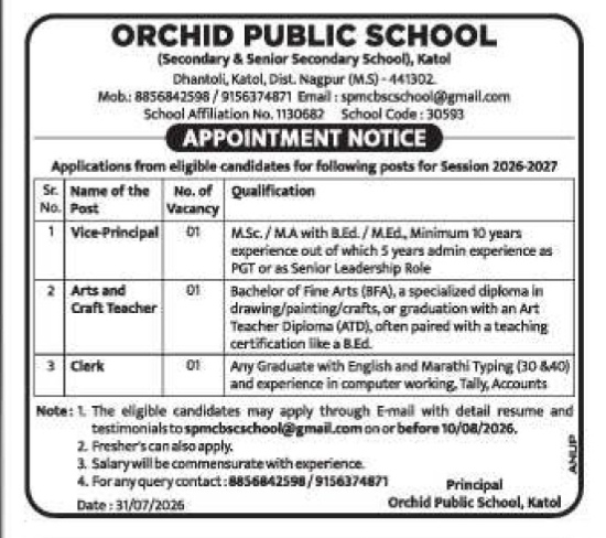Job Openings at Orchid Public School, Katol