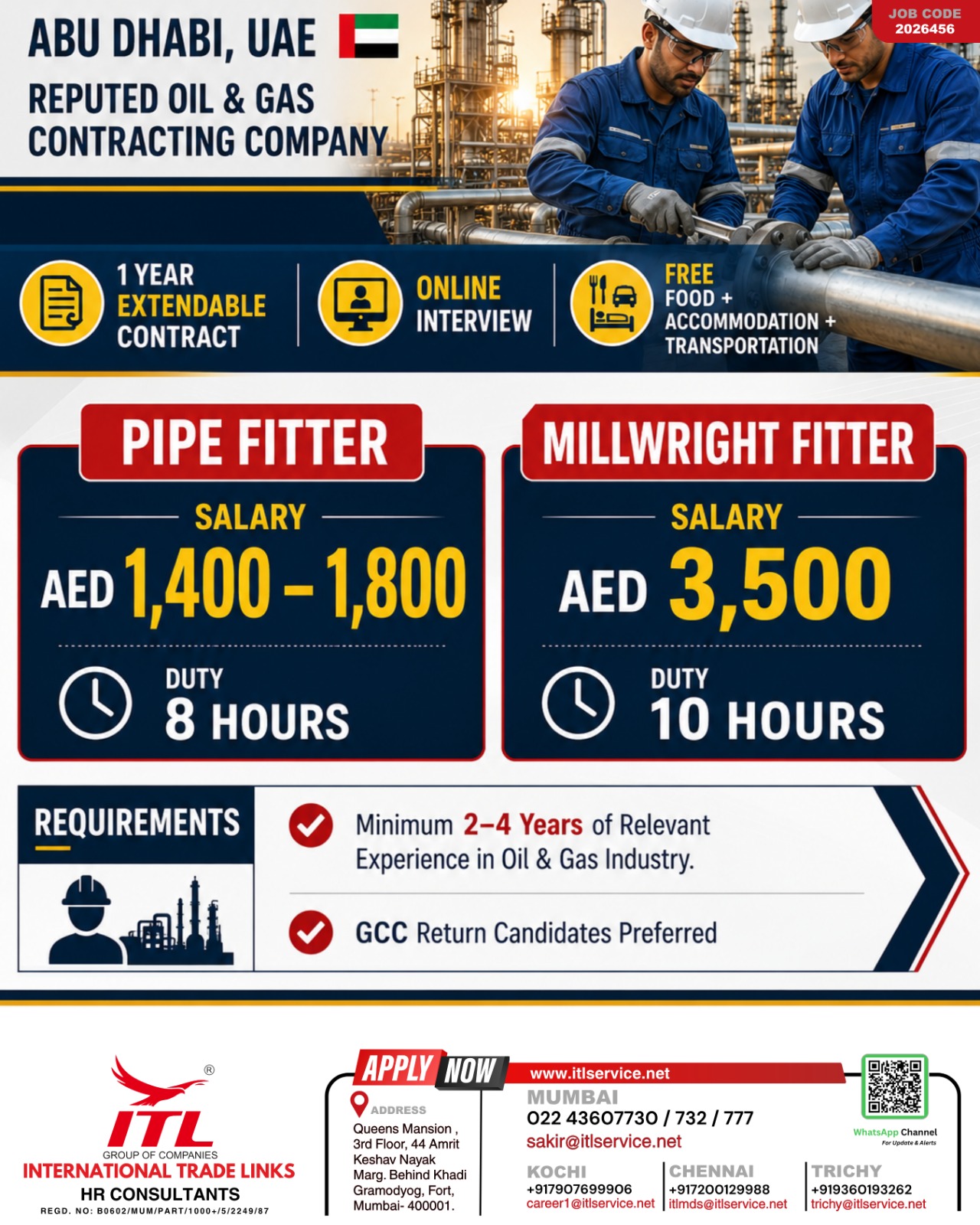 Job Openings: Pipe Fitters & Millwright Fitters in Abu Dhabi, UAE