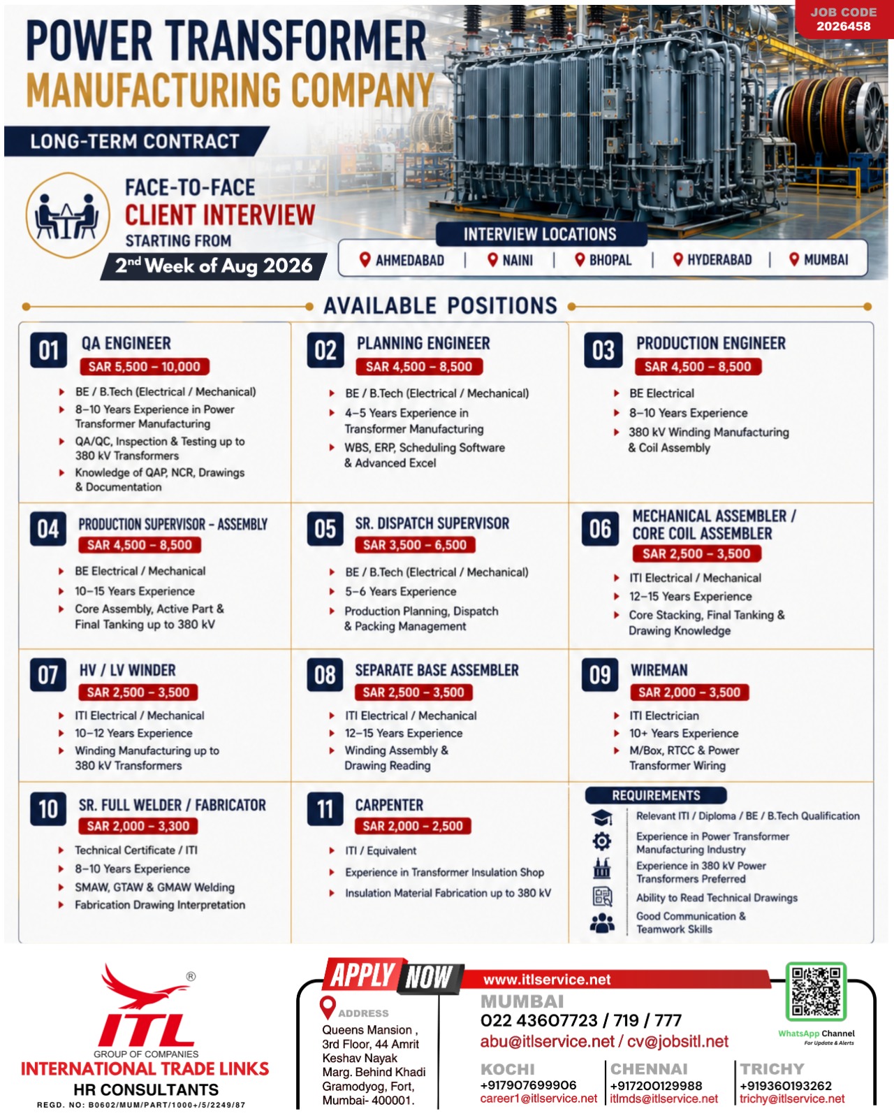 Job Openings: Power Transformer Manufacturing Company