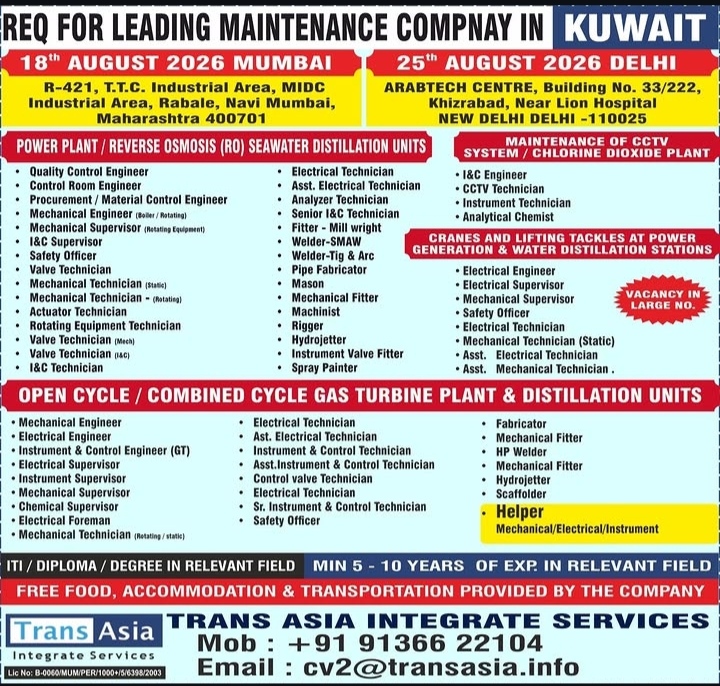 Job Openings: Recruitment Drive for Maintenance Company in Kuwait