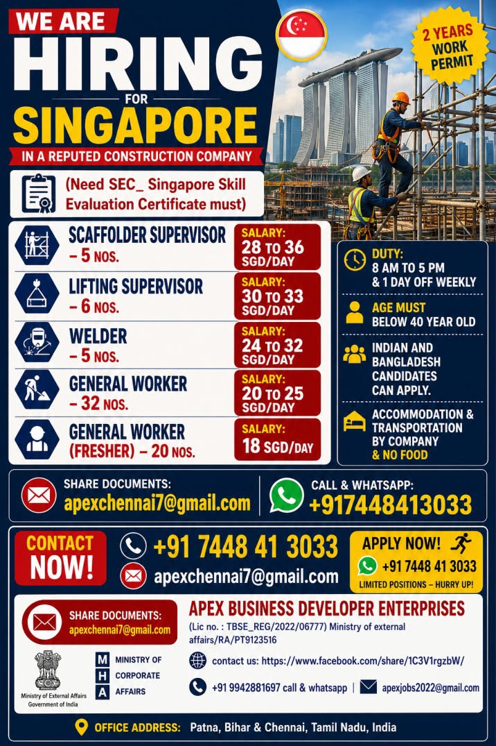 job recruitment advertisement (flyer/poster) for construction sector vacancies in Singapore.
