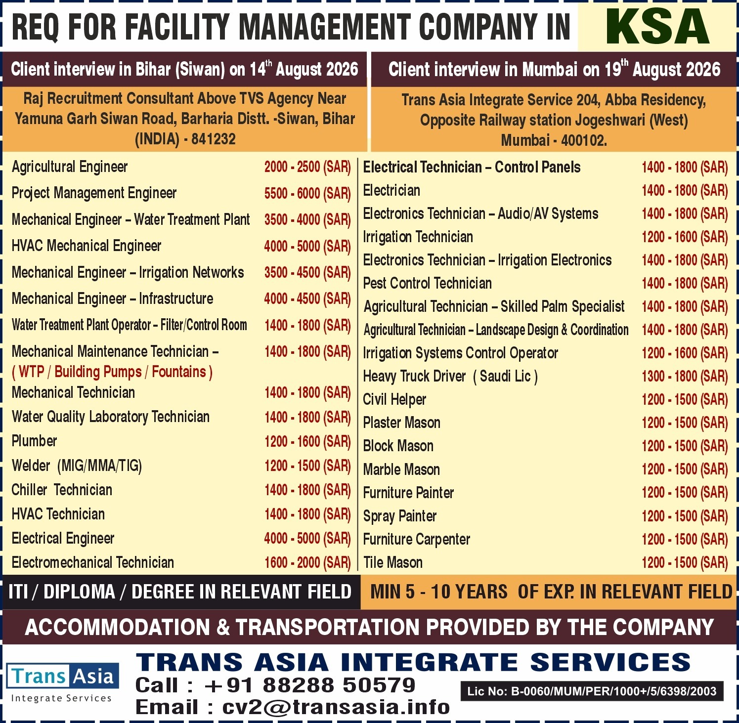 Job Recruitment Advertisement for Facility Management in KSA