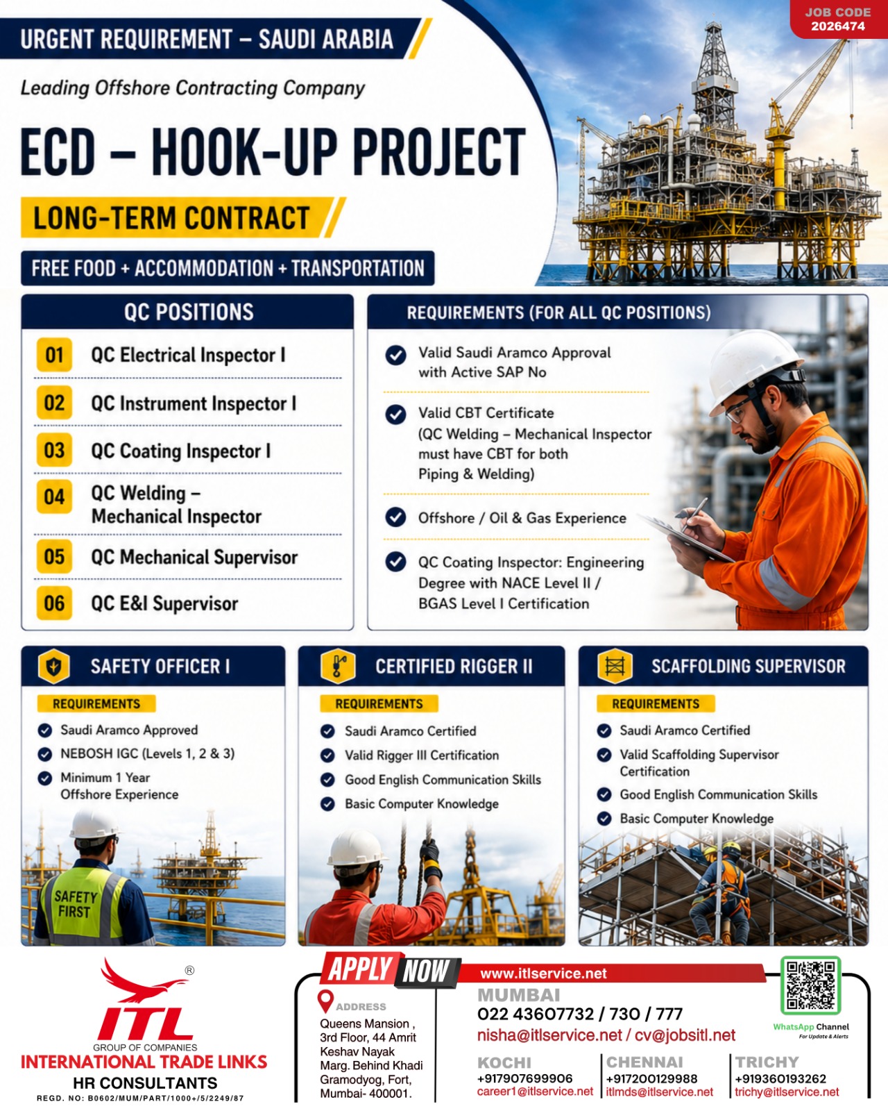 Job Recruitment Advertisement for Saudi Arabia Offshore Hook-Up Project