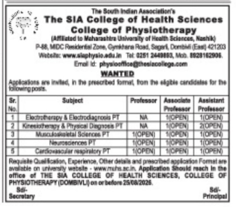 Job Recruitment Advertisement for The SIA College of Physiotherapy