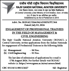 Job Recruitment Advertisement: Rajiv Gandhi National Aviation University (RGNAU) Professional Trainee Engagement (July 2026)