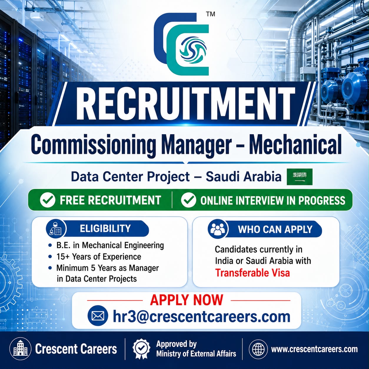 Job Recruitment: Commissioning Manager – Mechanical (Data Center Project, Saudi Arabia)