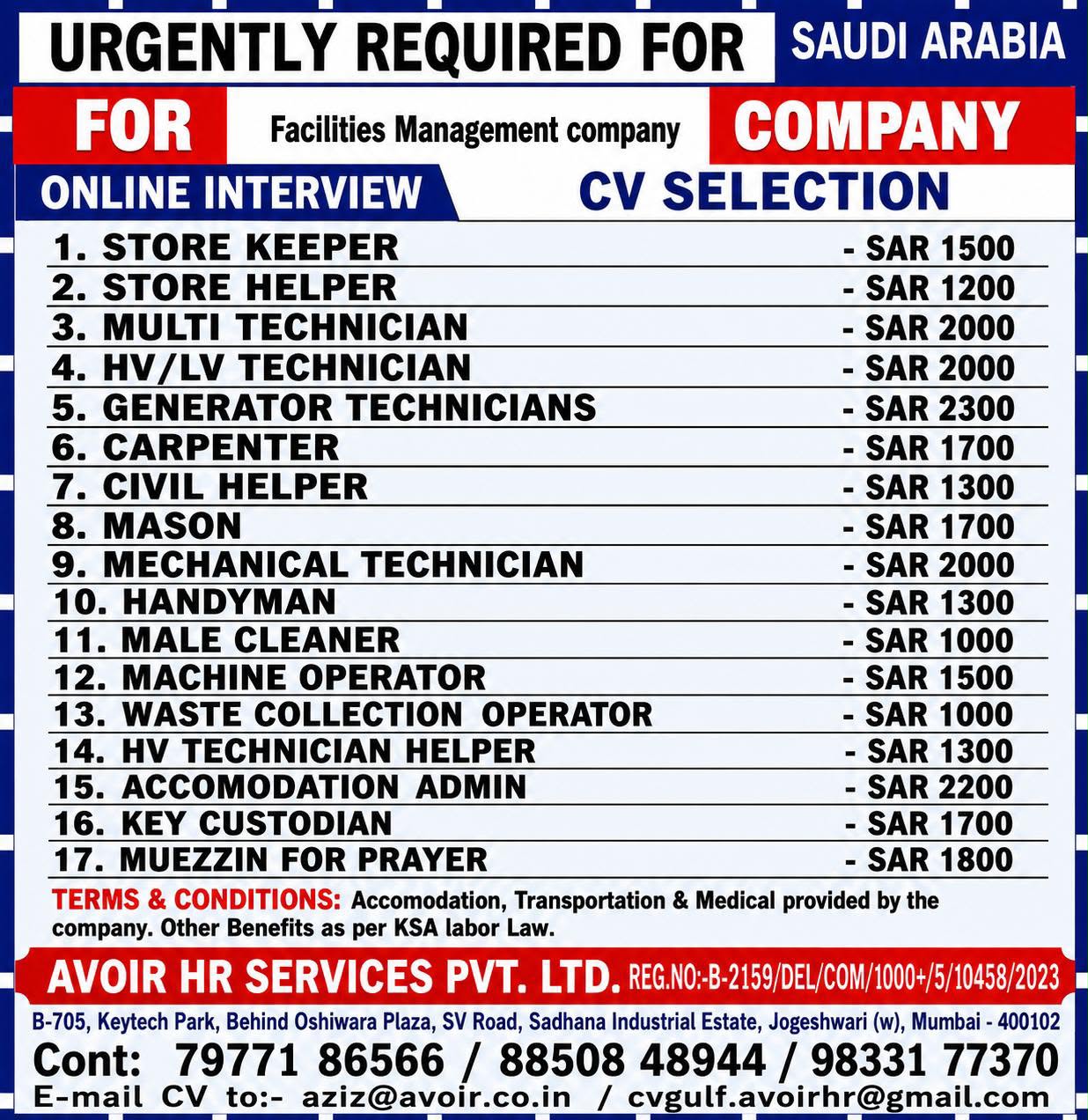 Job Vacancies for Facilities Management Company in Saudi Arabia