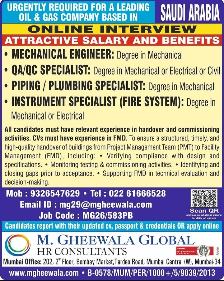 Job Vacancies for Oil & Gas Company in Saudi Arabia via M. Gheewala Global