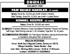 Job Vacancies for Paw Squad Handlers and Kennel Keepers in Goa