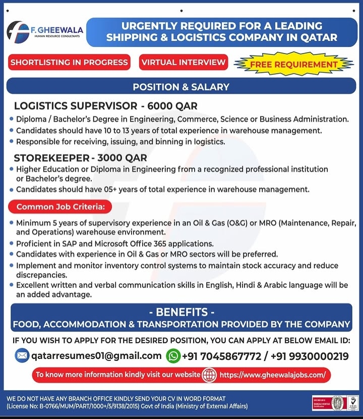 Job Vacancies: Shipping & Logistics Company in Qatar