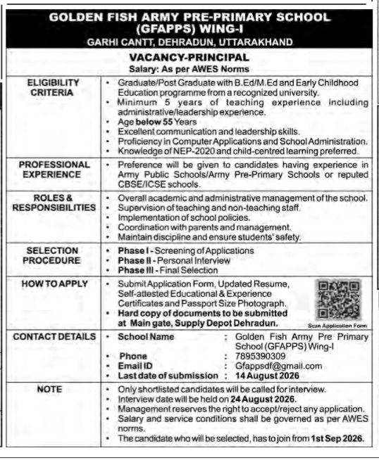 Job Vacancy Advertisement for Principal at Golden Fish Army Pre-Primary School