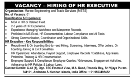Job Vacancy for HR Executive at Marine Engineering and Trade Services (METS)