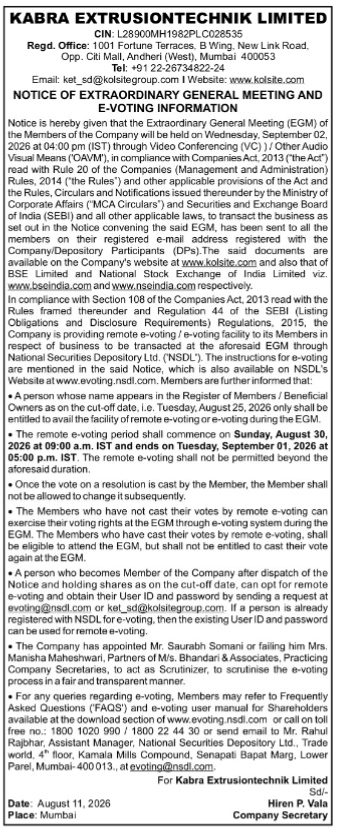 Kabra Extrusiontechnik Limited - Notice of Extraordinary General Meeting (E-Voting Information)