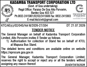 Kadamba Transport Corporation Ltd Tender Notice for Mapusa Bus Stand Fee Collection (July 2026)