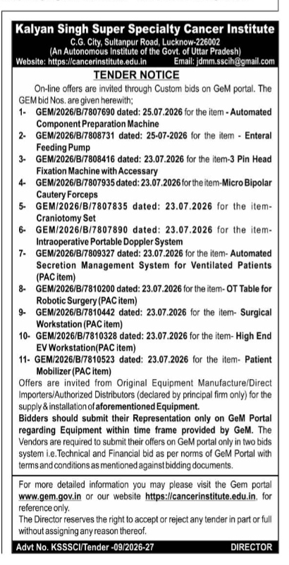 Kalyan Singh Super Specialty Cancer Institute Medical Equipment Tender Notice (July 2026)