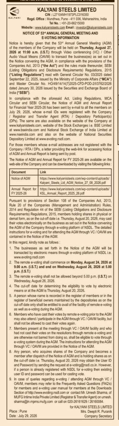 Kalyani Steels Limited: Notice of 53rd Annual General Meeting and E-Voting Information