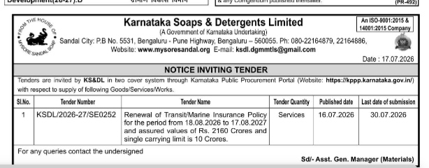 Karnataka Soaps & Detergents Limited Notice Inviting Tender for Transit/Marine Insurance Policy Renewal (2026-27)