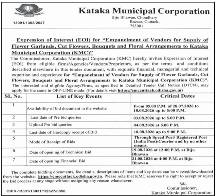Kataka Municipal Corporation Floral Supply EOI Announcement