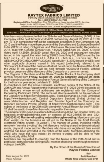 Kaytex Fabrics Limited 29th Annual General Meeting Notice