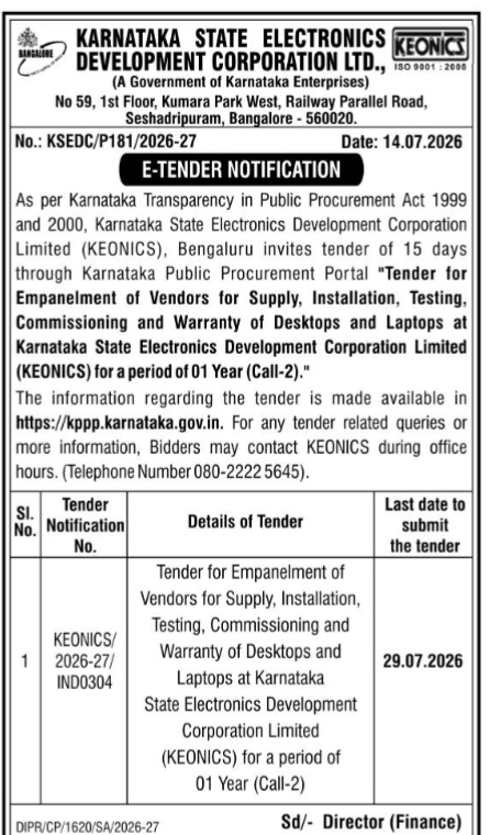 KEONICS Desktops & Laptops Empanelment E-Tender 2026