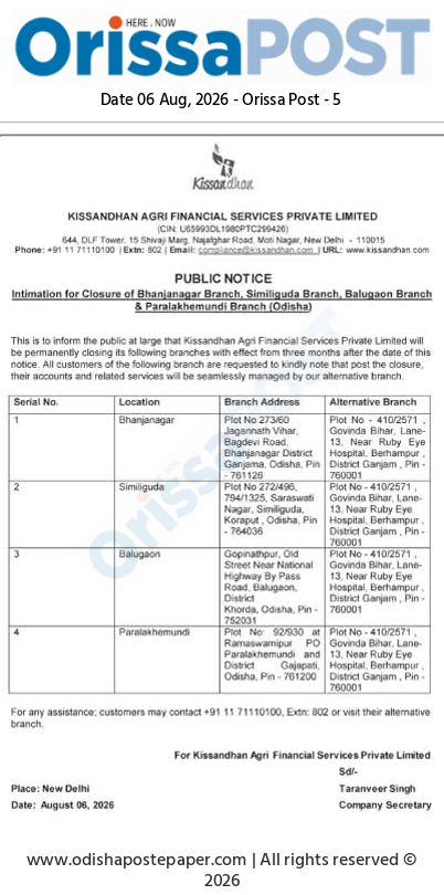 Kissandhan Agri Financial Services Public Notice: Closure of Branches in Odisha