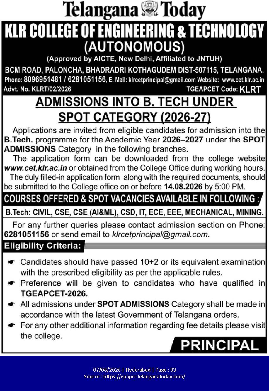 KLR College of Engineering & Technology Spot Admissions Notice (2026-27)