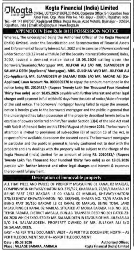 Kogta Financial (India) Limited - Possession Notice (05.08.2026)