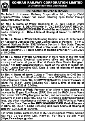 Konkan Railway Corporation Limited Notice Inviting Open E-Tendr