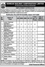 Konkan Railway KRCL Recruitment 2026 Notification for Rolling Stock Component Factory, Lote, Chiplun