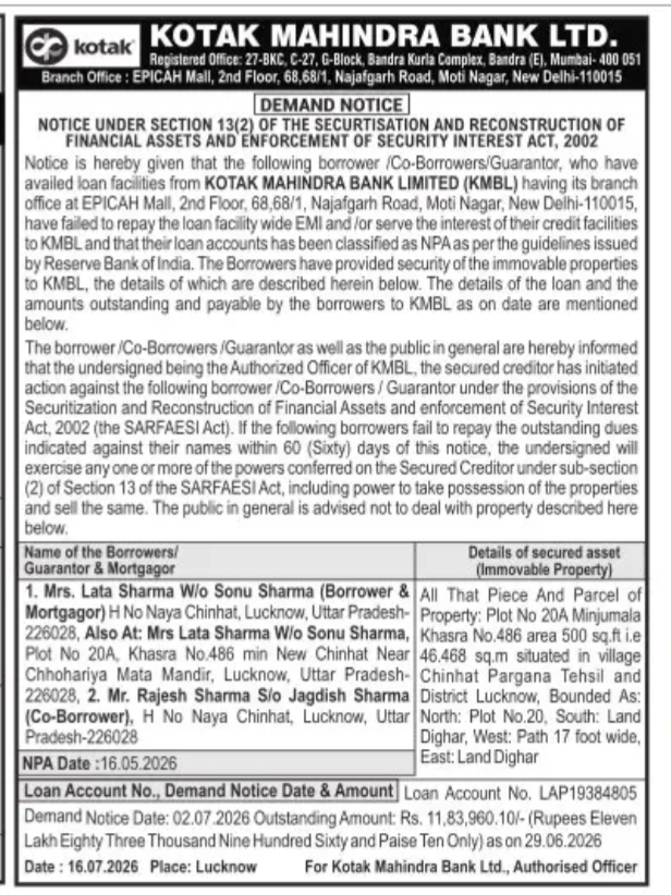 Kotak Mahindra Bank Ltd. Demand Notice Under SARFAESI Act, 2002 for Mrs. Lata Sharma and Mr. Rajesh Sharma